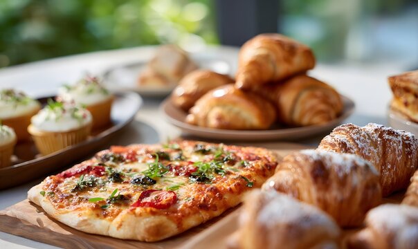 Gourmet table spread with artisanal mini pizza as the hero subject, crisp crust, melted cheese, vibrant toppings, surrounded aesthetically by flaky croissants