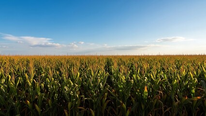 Vast Cornfield Under a Bright Blue Sky with Wispy Clouds.