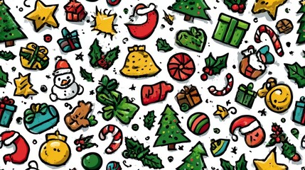 Fototapeta premium Seamless Background of Hand-Drawn Santa Hats, Candy Canes, Gifts, and Snowmen for Holiday Cheer.
