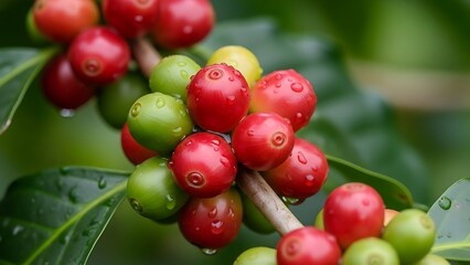Vibrant Red and Green Coffee Cherries Ripening on a Branch.