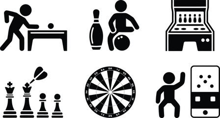 A dynamic set of black silhouette icons showcasing popular sports and recreation activities on a clean white background