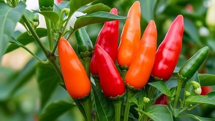 Vibrant Red and Orange Chili Peppers Growing on a Green Plant Bush.