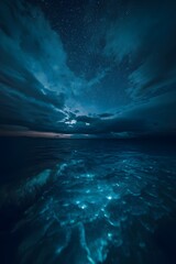 This dramatic AI-generated image captures an ethereal night scene where the ocean glows with an intense bioluminescent light.