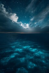 This dramatic AI-generated image captures an ethereal night scene where the ocean glows with an intense bioluminescent light.
