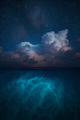 This dramatic AI-generated image captures an ethereal night scene where the ocean glows with an intense bioluminescent light.