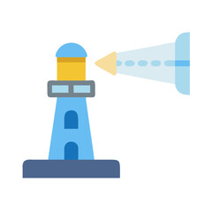 Iconic flat design lighthouse with guiding beam on black background