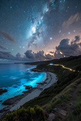 This dramatic AI-generated image captures an ethereal night scene where the ocean glows with an intense bioluminescent light.