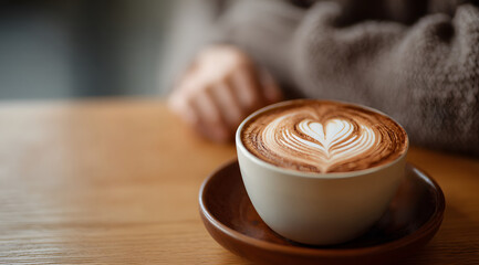 cup of cappuccino with heart-shaped latte art sits on wooden table in cozy coffee shop as woman places her hands gently on the surface, capturing the warmth, calm
