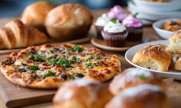 Gourmet table spread with artisanal mini pizza as the hero subject, crisp crust, melted cheese, vibrant toppings, surrounded aesthetically by flaky croissants