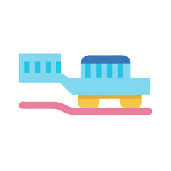 Blue toothbrush rides pink gumline road in flat design