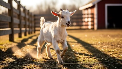 Young white goat running in a farmyard with a wooden fence and red barn.