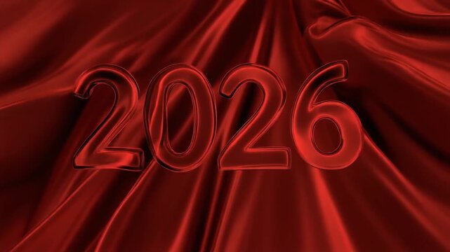 Elegant 2026 inscription on a backdrop of flowing, shimmering red satin with deep, soft folds