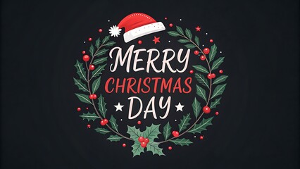 Merry christmas day greeting text inside a festive wreath decorated with holly, berries, and a santa hat on a dark background, perfect for holiday season celebration