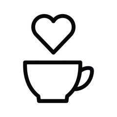 Outline icon of a coffee cup with a heart shape rising from it, isolated on