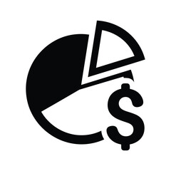Black and white icon representing financial data analysis with a pie chart and dollar sign