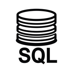 Black and white icon representing a stack of database disks with the text sql below, isolated on