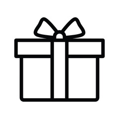 Simple black line icon of a gift box with a bow isolated on