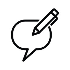 Black and white line icon representing writing a message or comment in a speech bubble