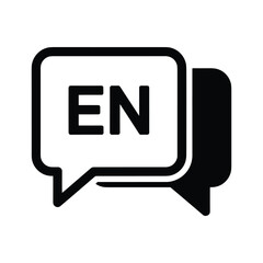 Black and white icon of two speech bubbles with en text representing english language communication