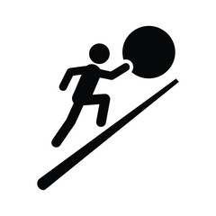 Stick figure pushing large ball up steep incline isolated on