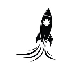 Black and white graphic illustration of a retro rocket ship taking off isolated on