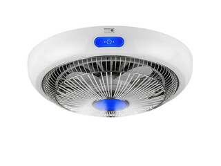 Modern white ceiling fan with blue led light and power button isolated on transparent background