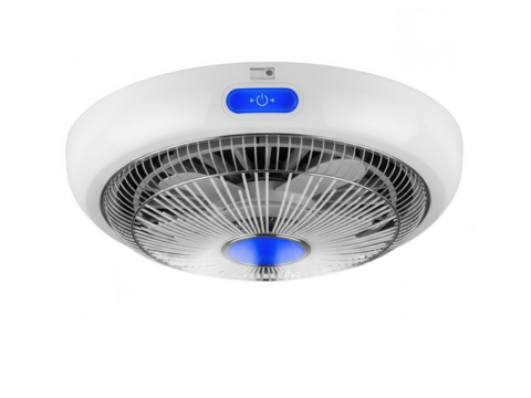 Modern white ceiling fan with blue led light and power button isolated on transparent background - Powered by Adobe