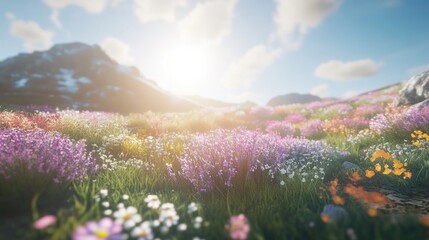 Fototapeta premium Sunny flower field leads to snow capped mountains on a bright day