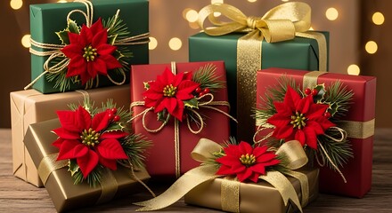A collection of christmas gifts decorated with poinsettias and ribbons