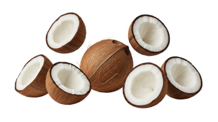 Fresh whole and halved coconuts floating in a balanced arrangement isolated