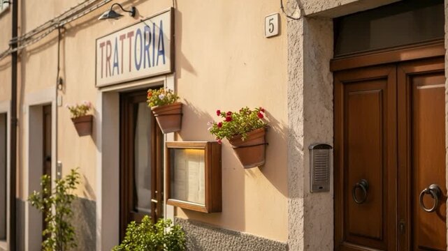 Charming Italian Trattoria Exterior with Potted Flowers, Menu Display, and Traditional Wooden Door on a Sunny Day