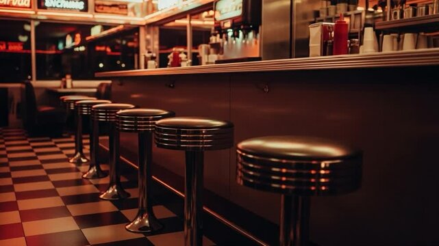 Empty retro American diner interior with classic bar stools and checkered floor at night