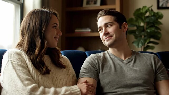 Loving couple gazing at each other on sofa at home, romance, love