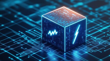 Glowing cube with symbols on circuit board background