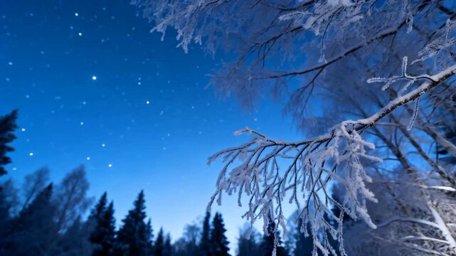 starry winter night sky above snowy forest, subtle blue hour glow, frosty branches, crisp detail, tranquil atmosphere, winter solstice symbolism