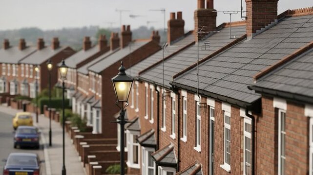 Residential street scene with a long line of traditional brick terraced houses, street lamps, and parked vehicles