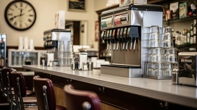 Classic American diner counter with vintage soda fountain machine and empty stools, evoking a nostalgic retro atmosphere.