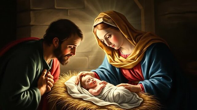Mary and Joseph adore newborn Jesus in manger, soft Renaissance scene