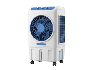 Portable evaporative air cooler with fan and water tank on wheels isolated on transparent background
