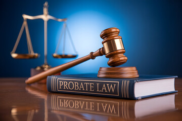 Gavel rests on a probate law book with scales of justice in the background symbolizing legal expertise and fairness in estate matters ideal for law firms and legal professionals seeking justice