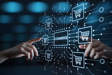 Hands interact with a digital ecommerce interface showcasing online shopping carts and network connections for business marketing and technology applications in the modern digital age