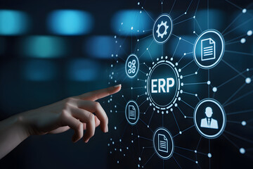 Finger touches erp system interface with icons representing business processes and data management on a digital screen showcasing enterprise resource planning technology and automation
