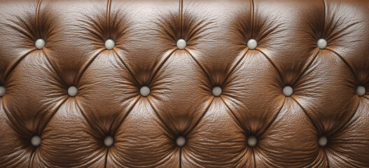 Close-up photograph of richly textured brown leather upholstery material, featuring neat pattern of decorative white buttons, an ideal classic backdrop for interior design