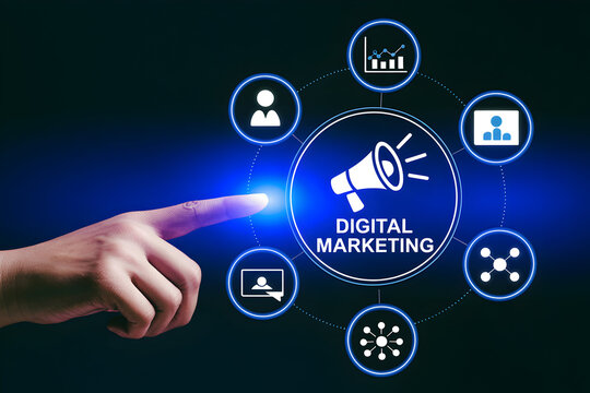 Finger touches digital marketing interface with icons representing data analysis customer profiles video content and social media connections on a blue background