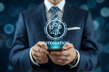 Businessman uses automation app on smartphone for business process management and workflow optimization in a modern corporate setting with a dark blue bokeh background