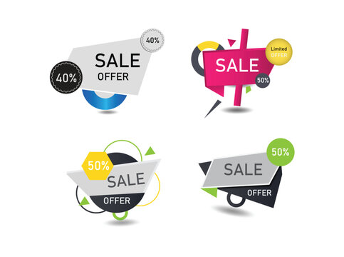 A vibrant set of modern, abstract sale and offer badges with various discount percentages. Perfect for promotional advertising, e-commerce, and marketing campaigns to attract customers.