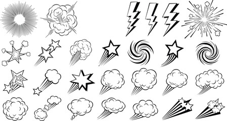 Comic-style action icon vector illustration, explosion, lightning, stars, vortex, smoke puff, dynamic graphic novel motion effect design