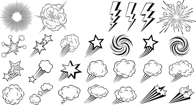 Comic-style action icon vector illustration, explosion, lightning, stars, vortex, smoke puff, dynamic graphic novel motion effect design