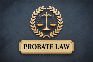 Golden scales of justice and laurel wreath above a probate law sign on a textured blue background symbolizing legal services and estate planning expertise