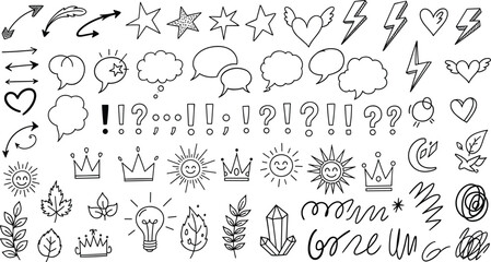 Hand-drawn doodle icon vector illustration, whimsical sketch symbols, arrows, stars, hearts, crowns, flowers, expressive elements for creative design